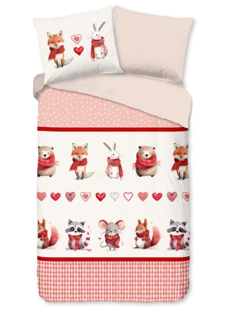 Good Morning Kinderdekbedovertrek "dieren met sjaal" - Rood - (135x200 cm) - Katoen Flanel