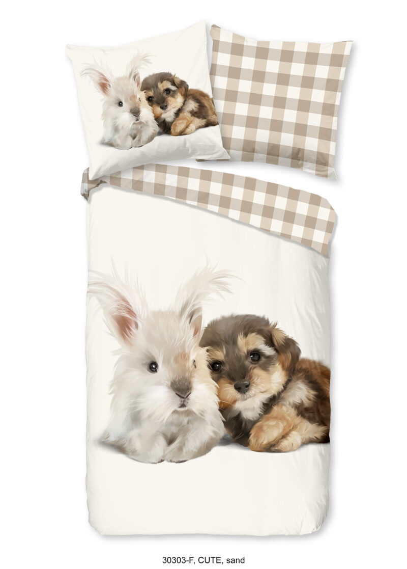Good Morning Kinderdekbedovertrek "hond en konijn" - Zand - (135x200 cm) - Katoen Flanel