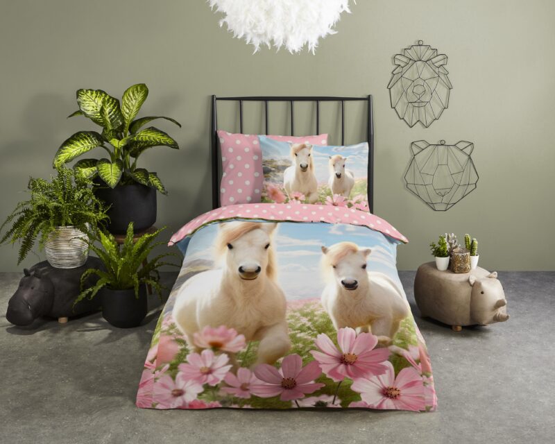 Good Morning Kinderdekbedovertrek "witte paarden met bloemen" - Roze - (140x200/220 cm) - Katoen - Afbeelding 2