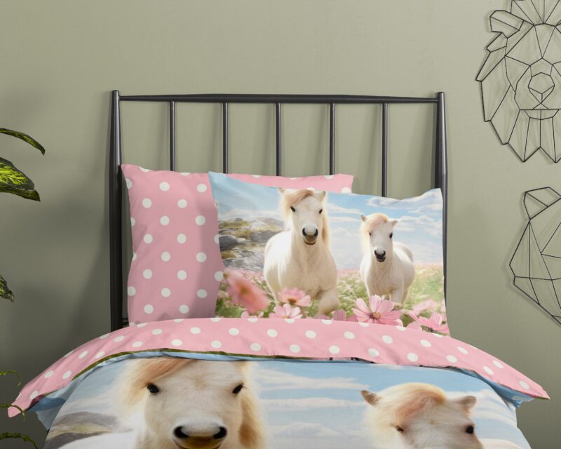 Good Morning Kinderdekbedovertrek "witte paarden met bloemen" - Roze - (140x200/220 cm) - Katoen - Afbeelding 3