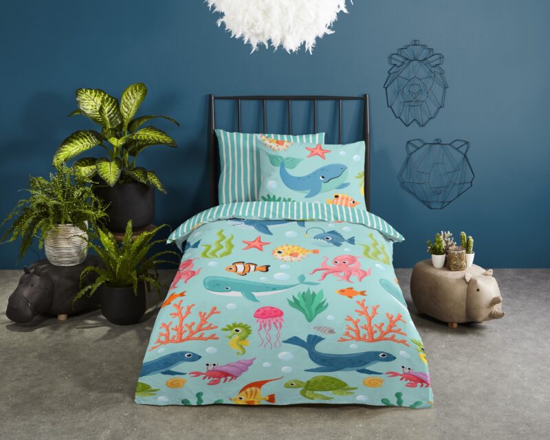 Good Morning Kinderdekbedovertrek "zeedieren" - Aqua - (140x200/220 cm) - Katoen - Afbeelding 2