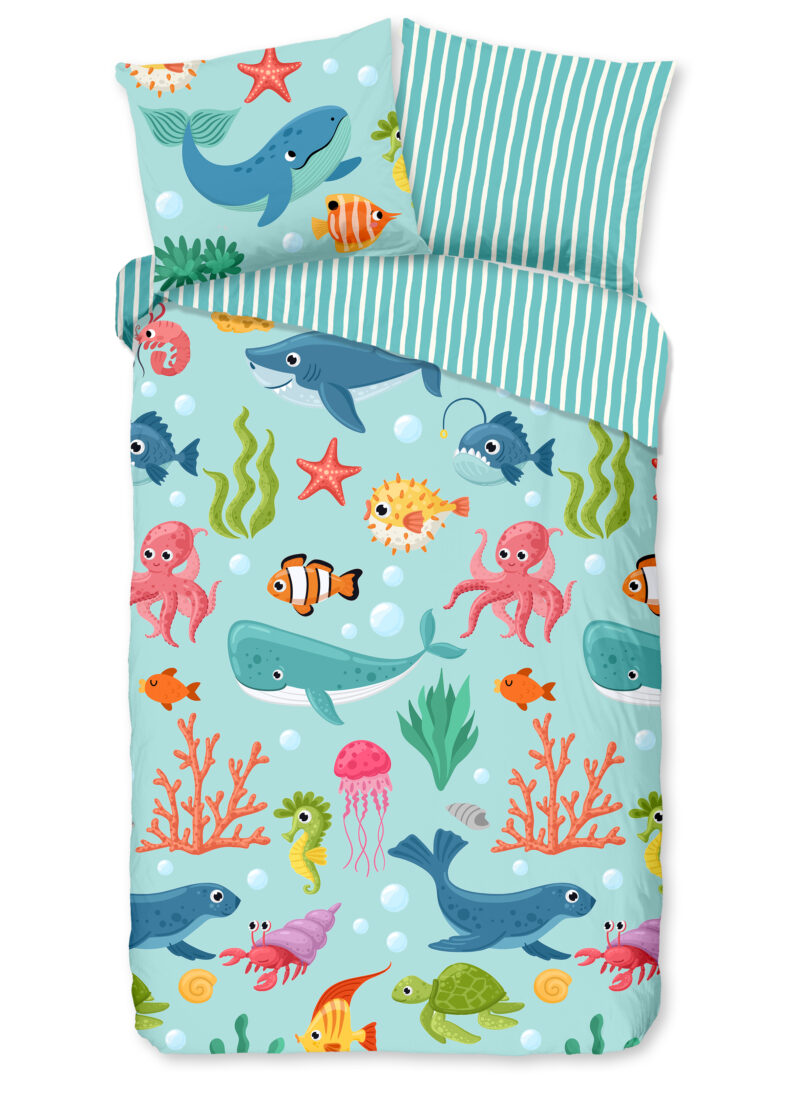 Good Morning Kinderdekbedovertrek "zeedieren" - Aqua - (140x200/220 cm) - Katoen