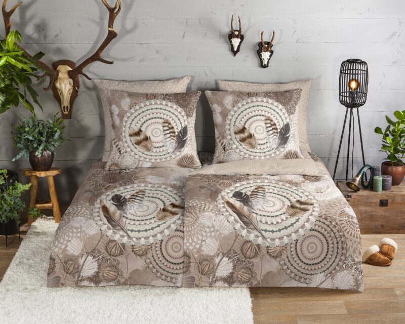 HIP Dekbedovertrek "mandala's en veren" - Taupe - (155x220 cm) - Katoen Flanel - Afbeelding 2