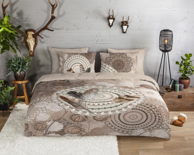 HIP Dekbedovertrek "mandala's en veren" - Taupe - (200x200/220 cm) - Katoen Flanel - Afbeelding 2