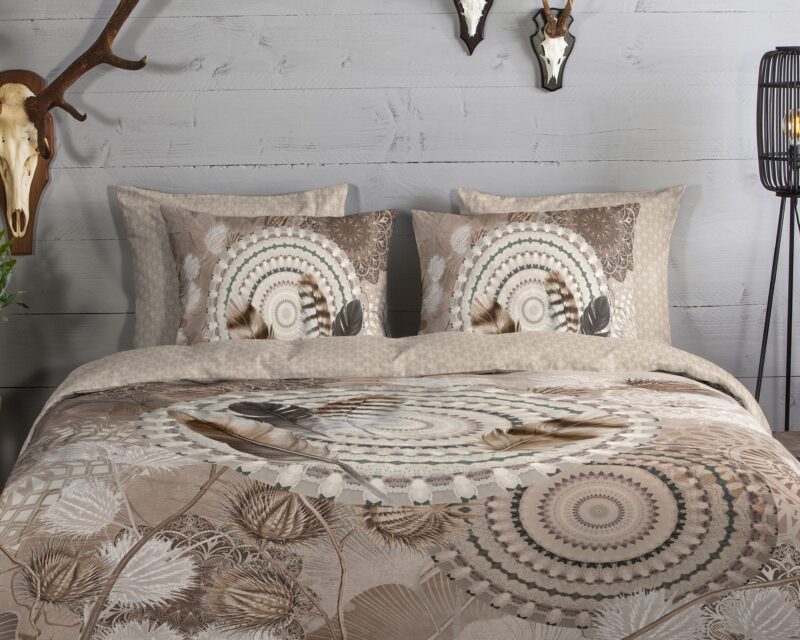 HIP Dekbedovertrek "mandala's en veren" - Taupe - (200x200/220 cm) - Katoen Flanel - Afbeelding 3