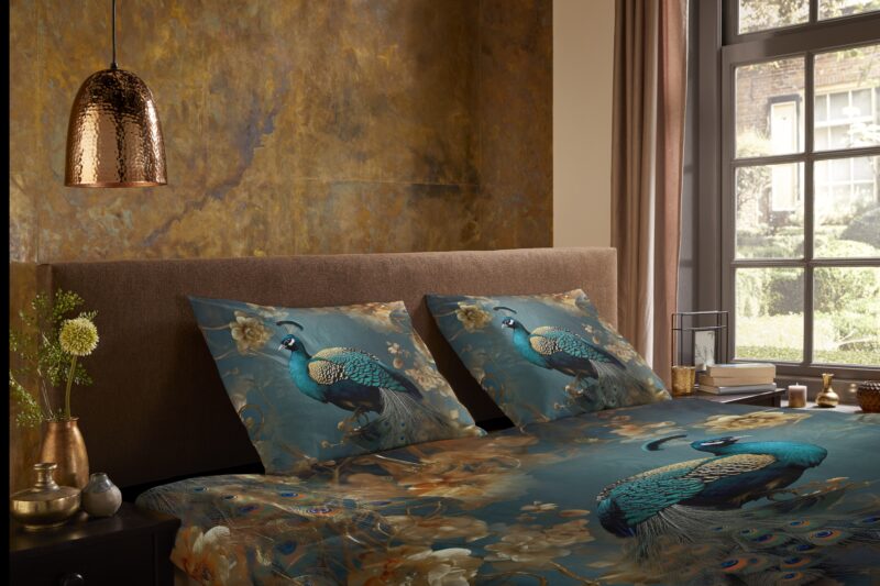 Pure Dekbedovertrek "pauw met gouden bloemen" - Petrol - (135x200 cm) - Microfiber - Afbeelding 3