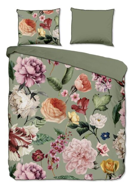 Descanso Dekbedovertrek "Fiori" - Groen - (200x220 cm) - 100% organisch katoen