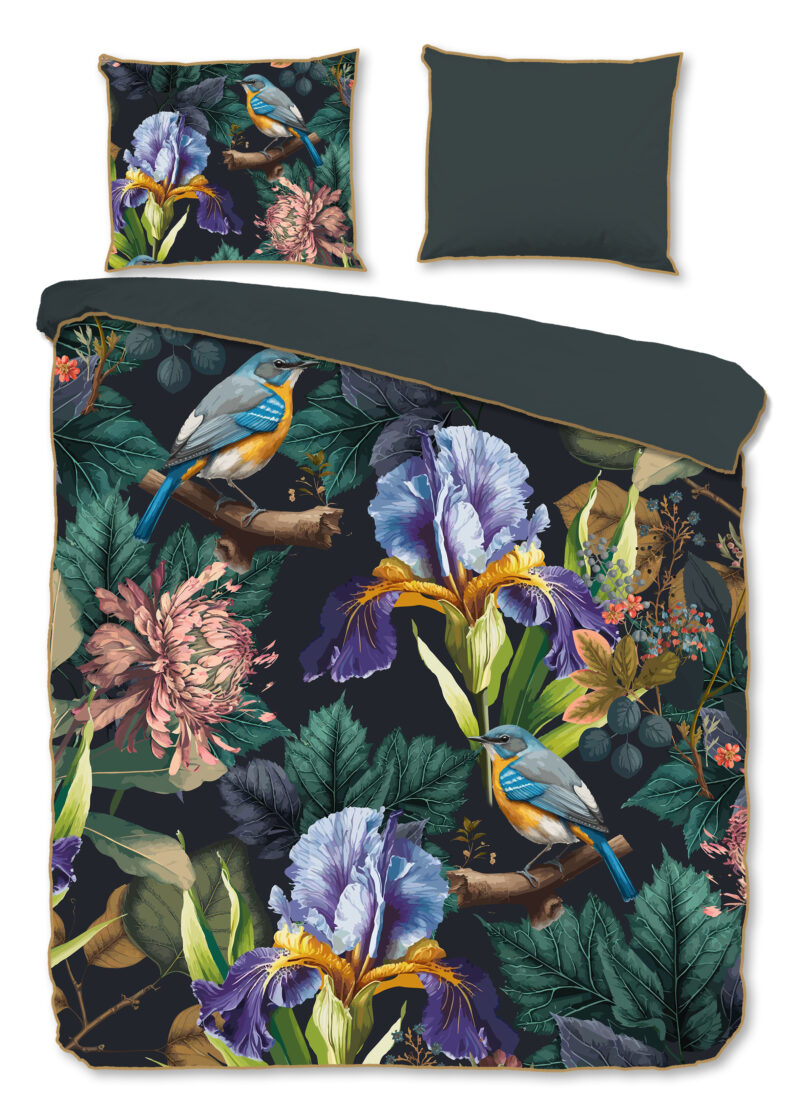 Descanso Dekbedovertrek "bloemen en vogels" - Antraciet - (200x200/220 cm) - Katoen Satijn