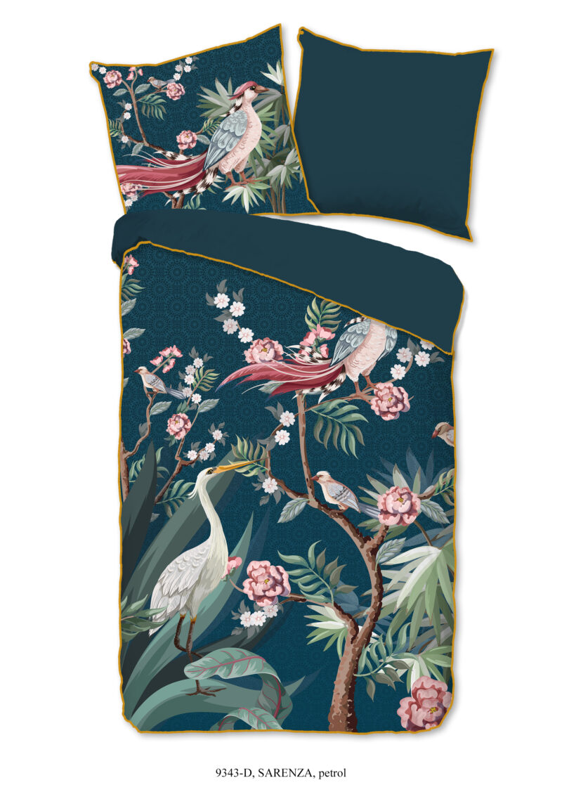 Descanso Dekbedovertrek "kraanvogel met bloemen" - Petrol - (135x200 cm) - Biologisch Katoen satijn