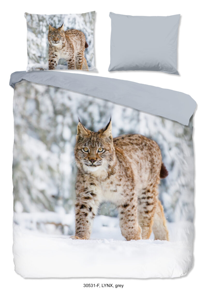 Good Morning Dekbedovertrek "Lynx in de sneeuw" - Grijs - (200x200/220 cm) - Katoen Flanel