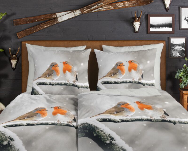 Good Morning Dekbedovertrek "roodborst vogels in de sneeuw" - Grijs - (135x200 cm) - Katoen Flanel - Afbeelding 3