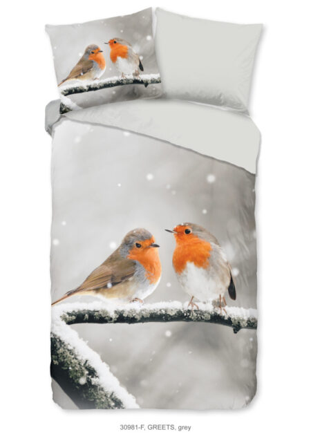 Good Morning Dekbedovertrek "roodborst vogels in de sneeuw" - Grijs - (140x200/220 cm) - Katoen Flanel
